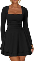 Women's Square Neck Ruffle Hem Mini Dress Ruched Waist Long Sleeve Corset Short Party Dresses