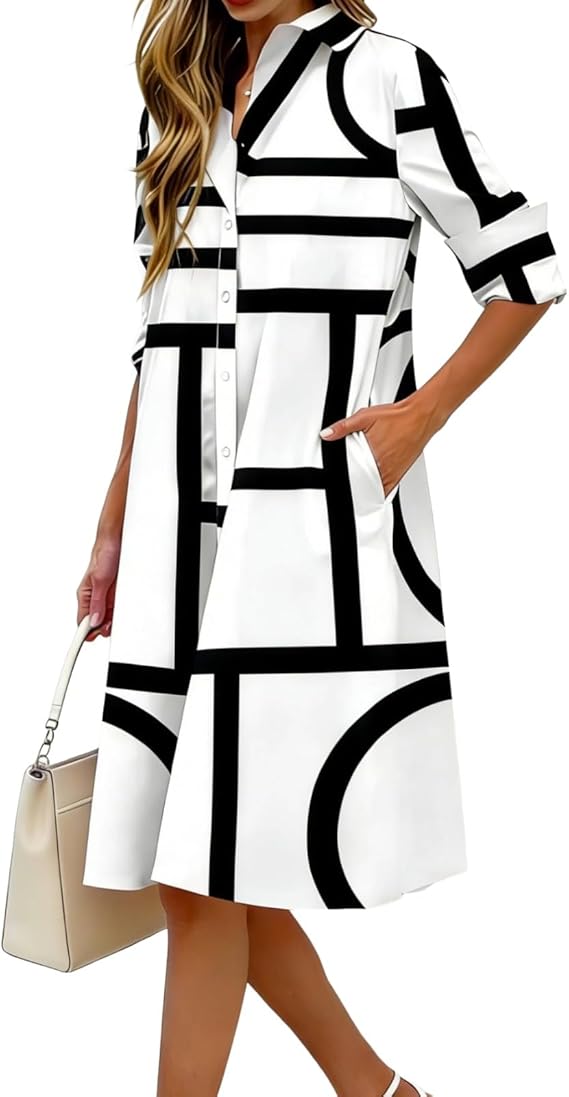 Women's Casual Button-Down Shirt Dresses Long Sleeve Collared Neck Loose-Fit A-Line Midi Tunic Dress with Pocket