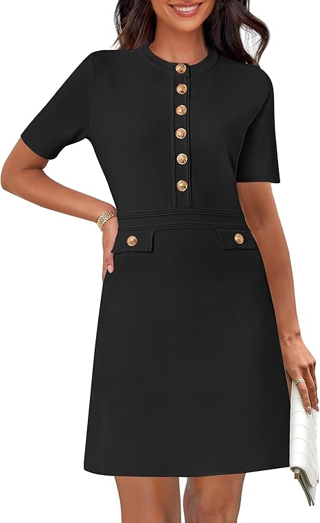 Women's Summer Bodycon Sweater Dress Business Casual Outfis Short Sleeve Knit Button Formal Elegant Work Dress