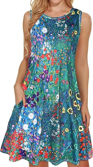 Women's Summer Dresses 2026 Beach Casual Sleeveless Floral Print Tank Loose Sundress with Pocket